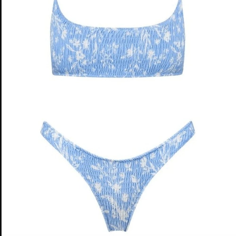 Another Chill Blue Floral Print Smocked Bikini Set